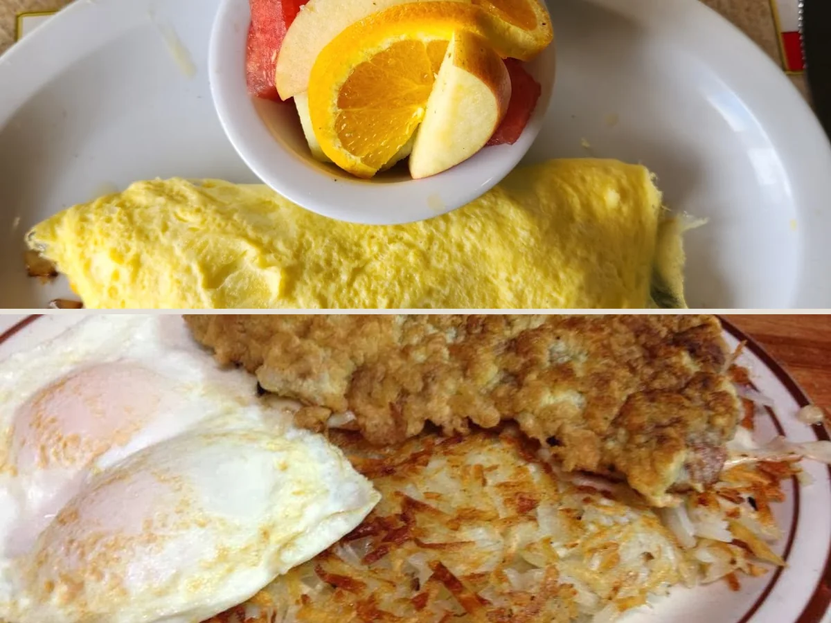 Cozy diner tables with breakfast plates.