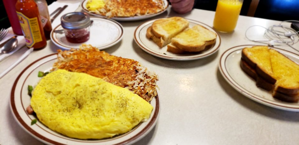 Hearty breakfast dishes on a simple table.